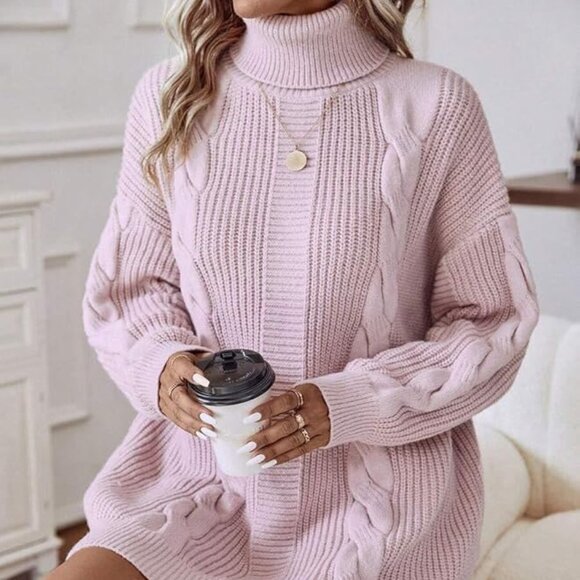 Baby Pink Casual Women's Turtleneck Cable Knit Drop Shoulder Sweater Dress - Picture 1 of 7